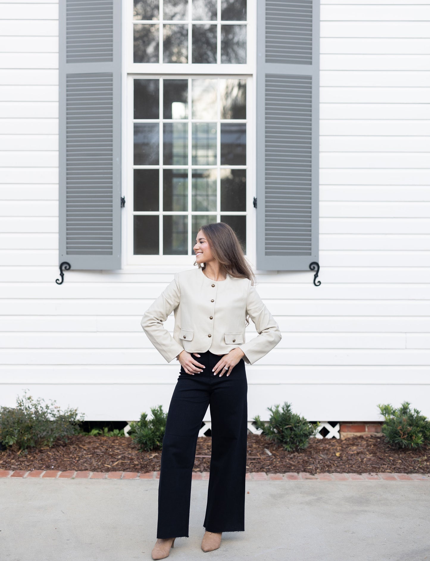 Faux Leather Button Down Jacket - Sand