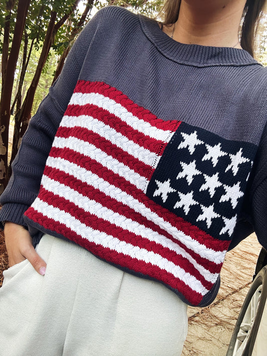 Coastal American Flag Sweater - Navy/Grey