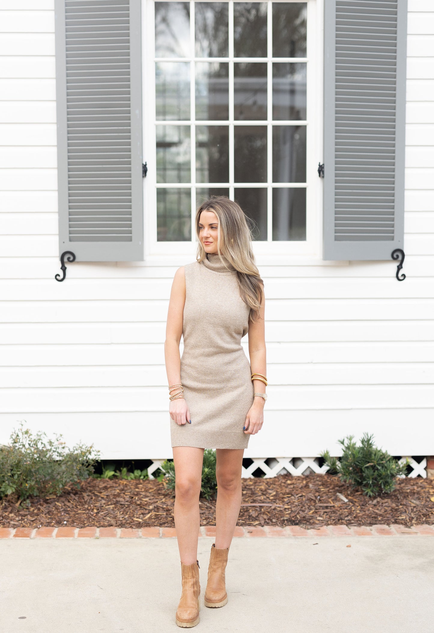 Sleeveless Turtleneck Knit Mini Dress - Mocha