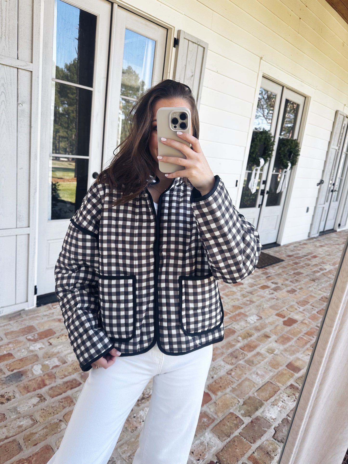 Plaid Mock Collar Quilted Jacket