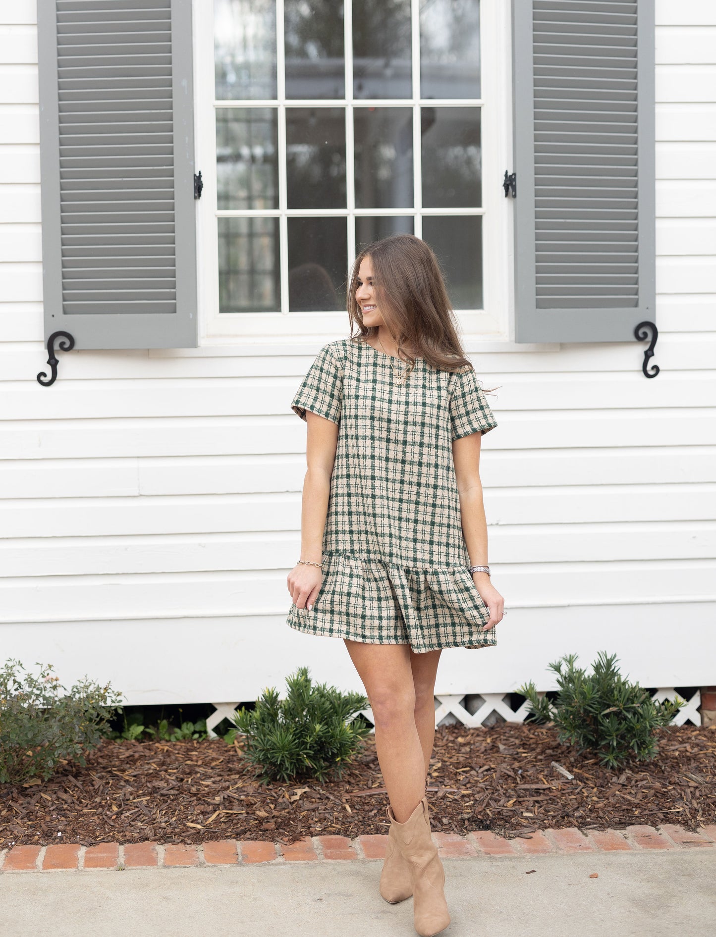 Plaid Tweed Mini Dress - Green