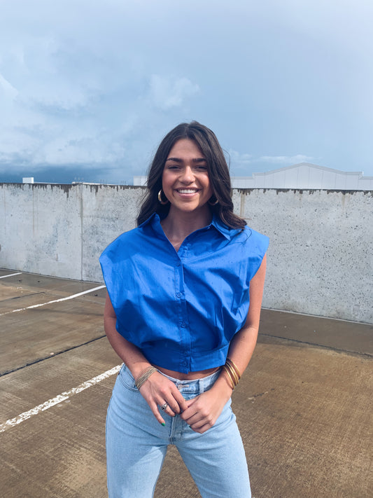 Button Down Padded Shoulder Top - Blue