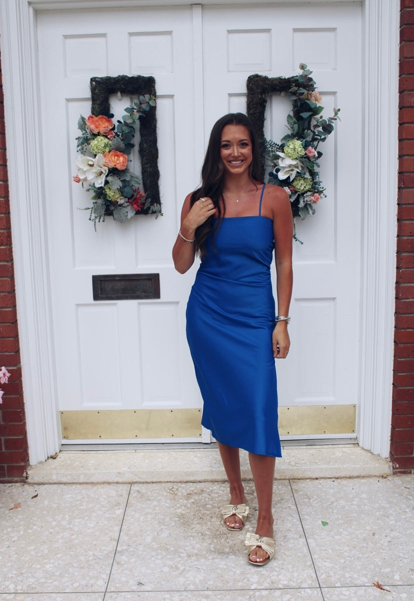 Classic Royal Blue Midi Dress with Side Slit