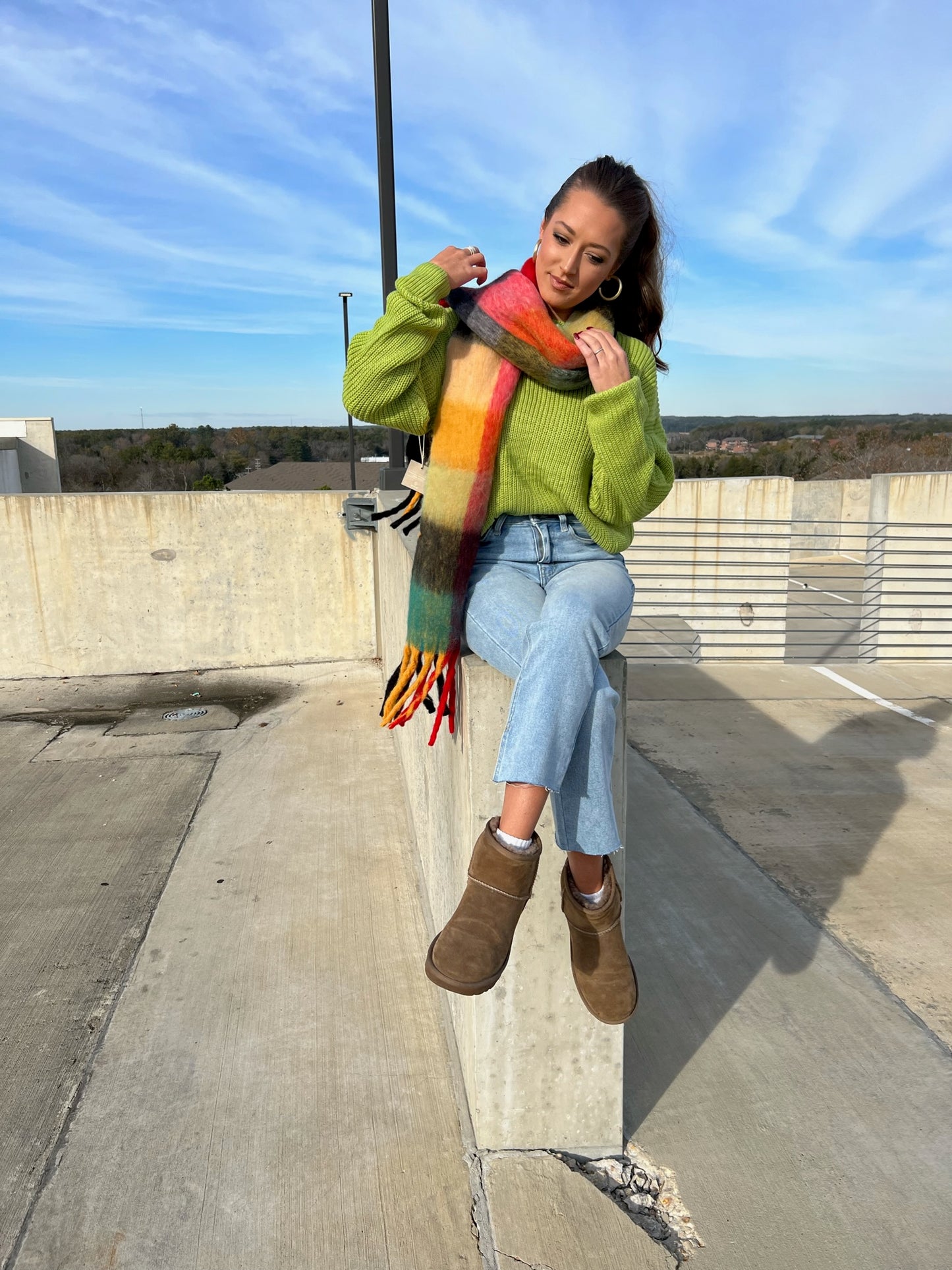 Color Block Chunky Plaid Scarf - Rust