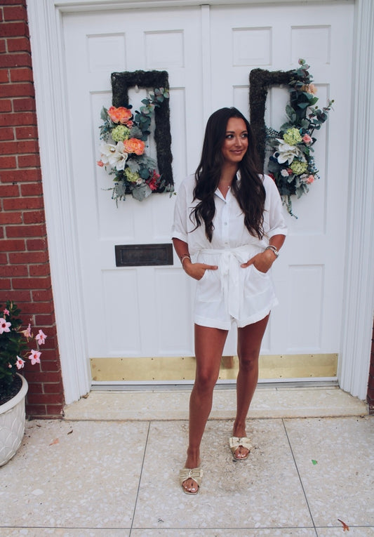 Button Down Romper - White