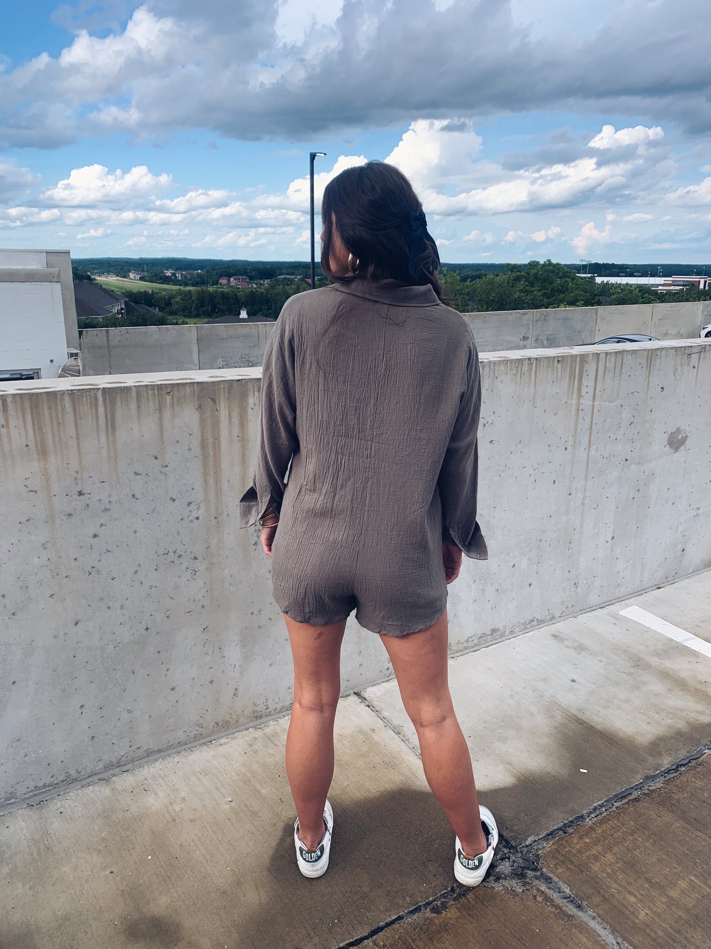 Amber Long Sleeve Button Up Romper - Olive