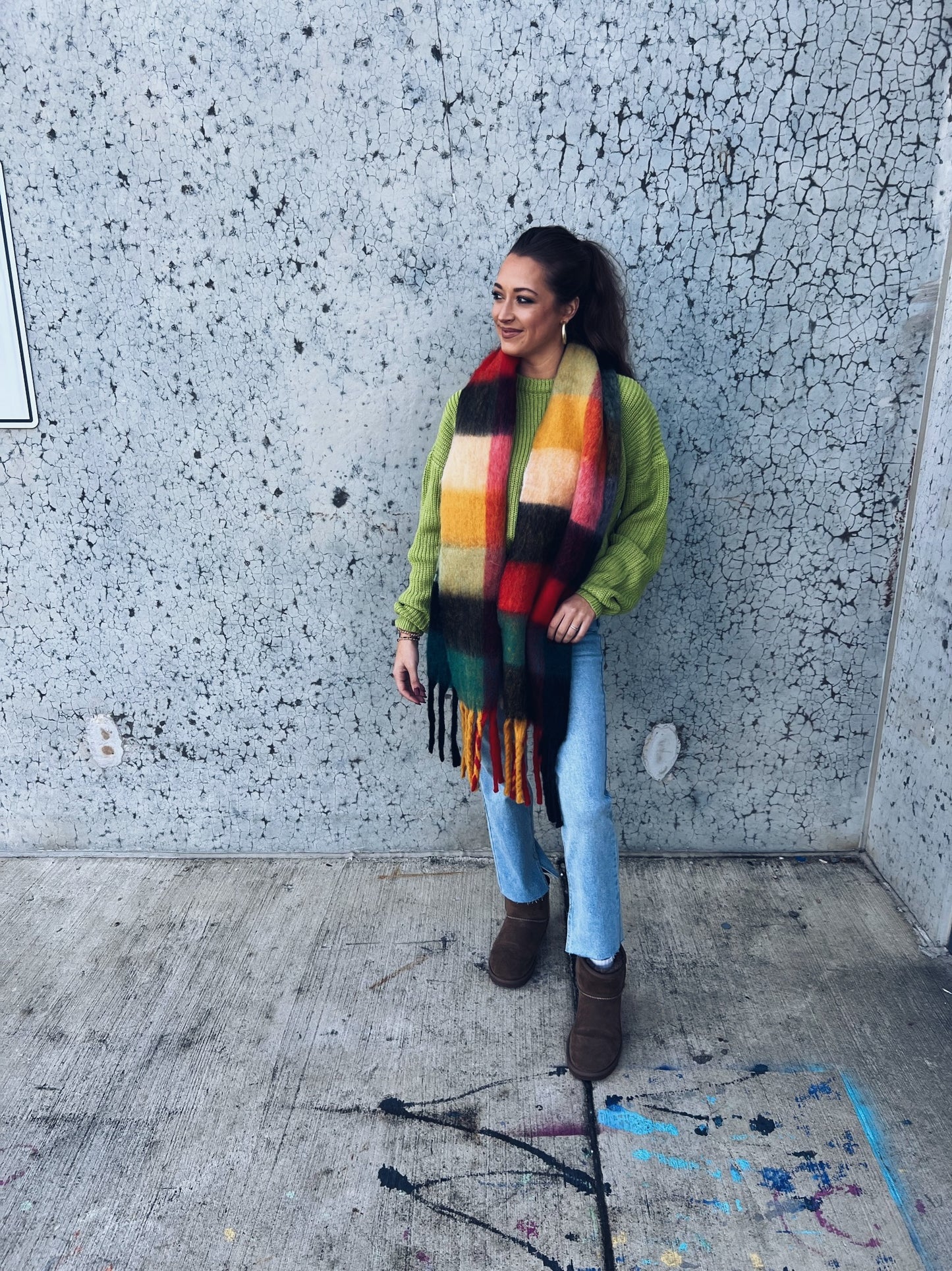 Color Block Chunky Plaid Scarf - Rust