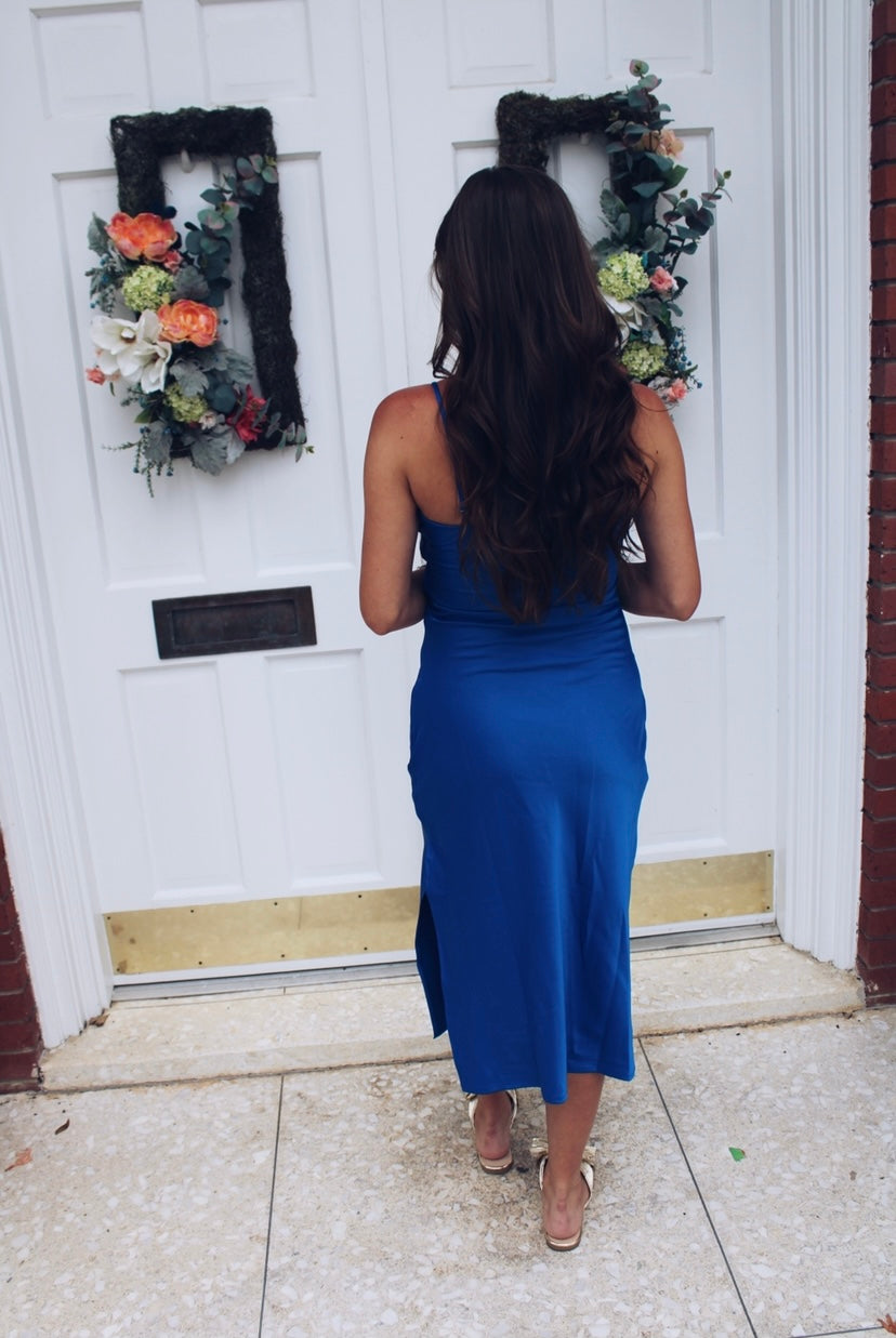 Classic Royal Blue Midi Dress with Side Slit